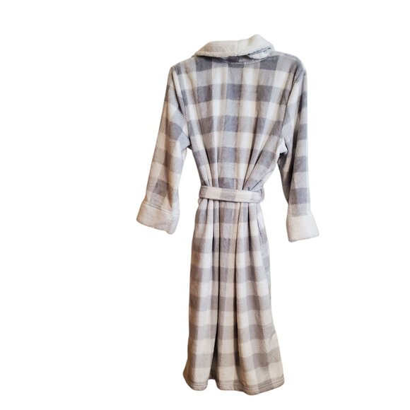NWOT Norie Jasmine Rose thick plush plaid robe/duster Grey and White Medium - Picture 2 of 11